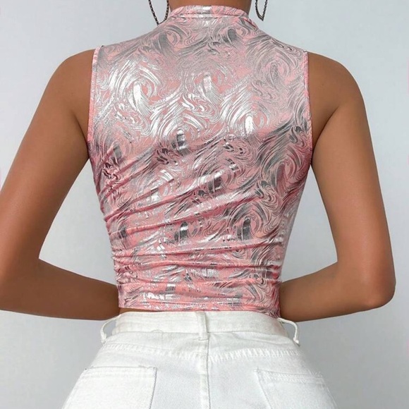 Metallic Stand Collar Slim Fit Cropped Tank Top For Summer Graphic Tees Women - Picture 2 of 4